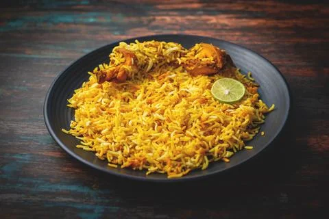 Selective focus of one of the most popular food in India Biryani. Stock Photos