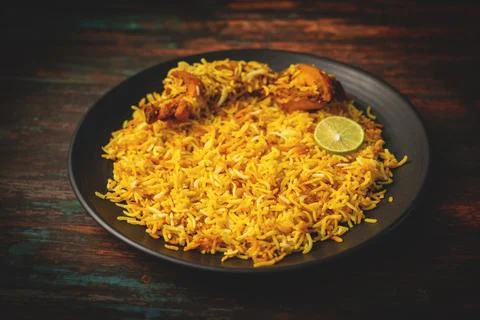 Selective focus of one of the most popular food in India Biryani. Stock Photos