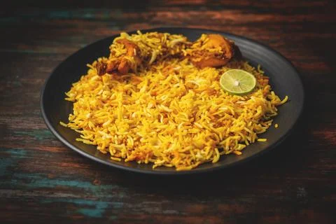 Selective focus of one of the most popular food in India Biryani. Stock Photos