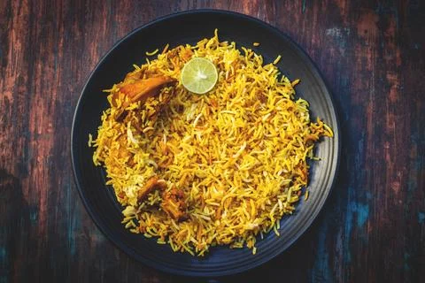 Selective focus of one of the most popular food in India Biryani. Stock Photos