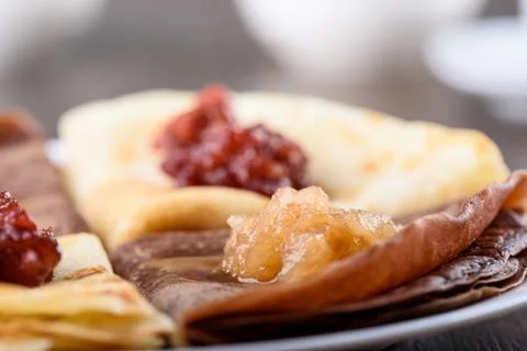 Selective focus. Pancake with apple Jam. Pancakes are ordinary and with the Stock Photos