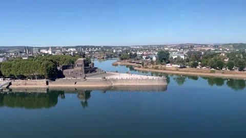 Selective focus panoramic aerial view of Deutsches Eck where Rhine meets Mo.. Stock Footage 344931066