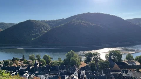 Selective focus on panoramic view of the rhine valley, river and mountains .. Stock Footage 344801991