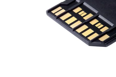 Selective focus photo of two rows of golden contacts on back of UHS-II high s Stock Photos