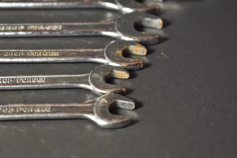 Selective focus Picture of a Spanner set with rust on the edges. Spanners are Stock Photos