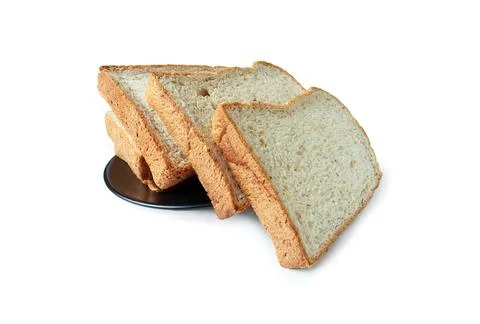 Selective focus of pile of toasted bread slices on a single black plate. On p Foto stock