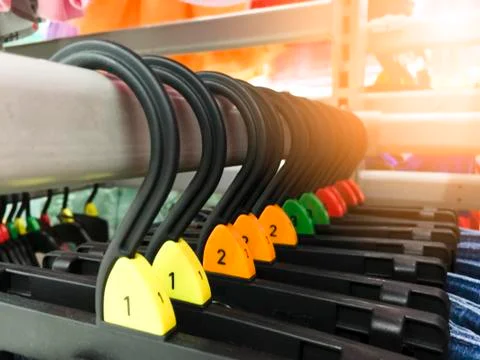 Selective focus plastic clothes hanger on shelf at the modern shop boutique. Stock Photos