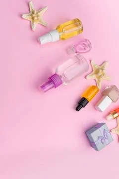 Selective focus, plastic spray jar with cosmetic oil Stock Photos