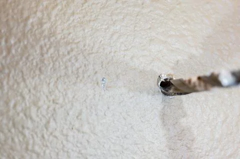 Selective focus on point of penetration of a drill bit making a pilot hole in Foto stock