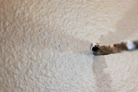 Selective focus on point of penetration of a drill bit making a pilot hole in Stock Photos