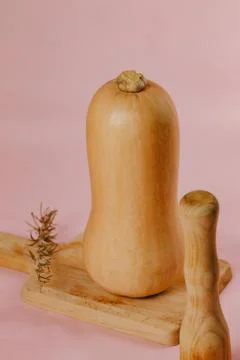 Selective focus of Pumpkin with spices on orange prepared to puree with morta Stock Photos