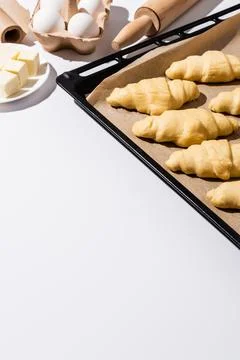 Selective focus raw croissants baking Stock Photos