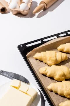 Selective focus raw croissants baking Stock Photos