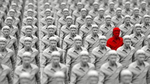 Selective focus of a red-colored human-like surrounded with white clones Stock Illustration