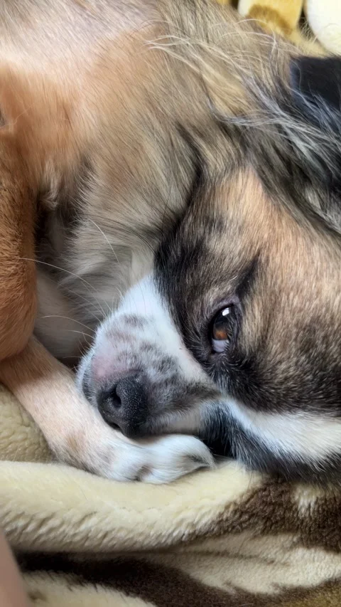 Selective focus relaxed puppy face detailed macro Stock Footage 334327557