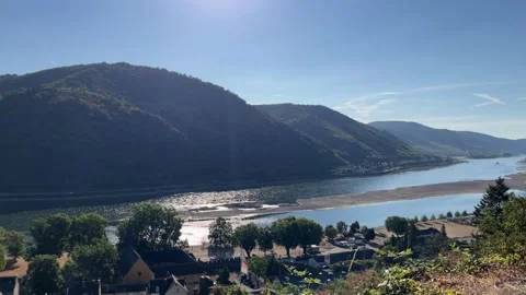 Selective focus on the rhine river winding through mountains near bacharach Stock Footage 344801946