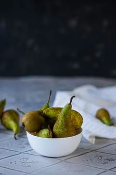 Selective focus, ripe green soft pears Stock Photos