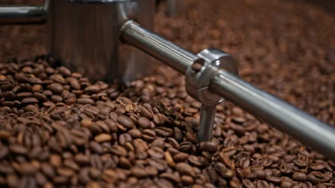 Selective focus roasted coffee beans in an industrial cooling tray. Stock Footage 327395732