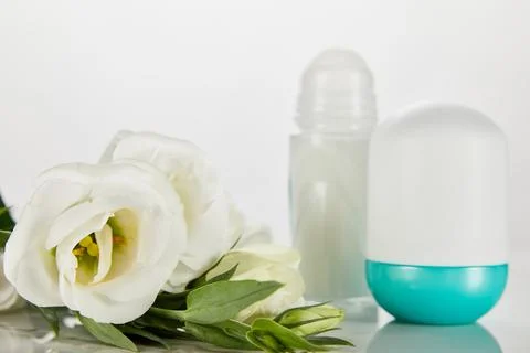 Selective focus roll bottles deodorant Stock Photos