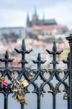 Selective Focus Of Romantic Padlocks On Charles Bridge, Prague Stock Photos