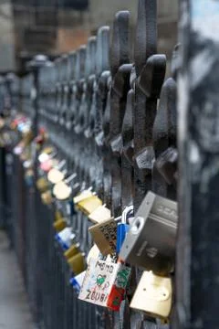 Selective Focus Of Romantic Padlocks On Charles Bridge, Prague Stock Photos