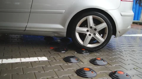 Selective focus at rubber speed bumper ,sleeping policeman on road with blurr Video stock 237025933