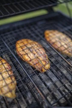 Selective focus. salmon steaks on grill are coking on the firewood in the Stock Photos