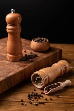 Selective focus of salt and pepper grinders Stock Photos