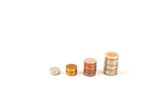 Selective focus saving stack coins isolated on white background with copy space. Stock Photos
