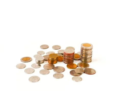 Selective focus saving stack coins isolated on white background with copy space. Stock Photos