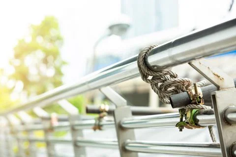 Selective focus to scaffolding pipe clamp and parts with rope. Stock Photos