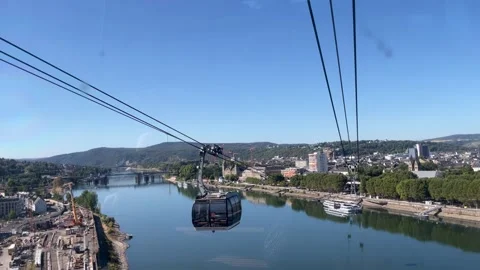 Selective focus scenic cable car ride above the Rhine in Koblenz. Stock-Footage 344931384