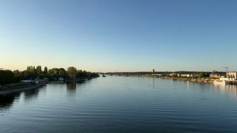 Selective focus scenic Rhine River at sunrise with golden morning light Video stock 345591658
