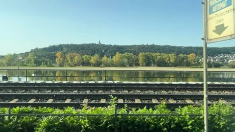 Selective focus scenic view of Rhine River flowing through green Rhine Valley Stock Footage 345593390