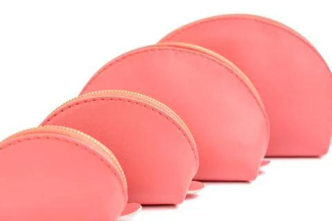 Selective focus on the second pink cosmetic round bags set Stock Photos