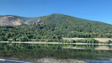 Selective focus serene Rhine River flowing through a mountainous green valley Stock Footage 345592757