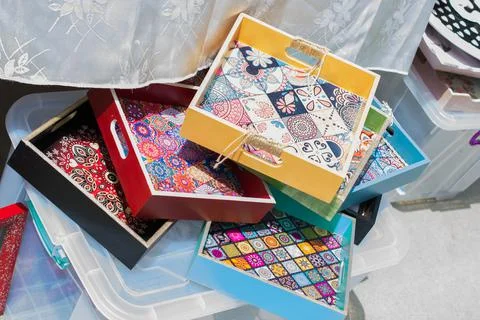 Selective focus shot of colorful rectangle trays with various designs Stock Photos