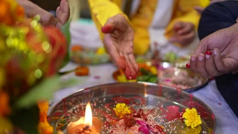 Selective Focus Shot of Hindu Puja Thali with Flowers and Offerings Stock Footage 329384470