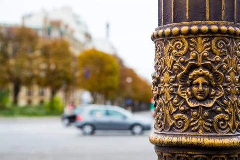 A selective focus shot of a lamp post with golden patterns in Paris, amazing  Stock Photos