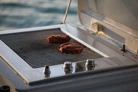 Selective focus shot of two seared steaks on the grill 스톡 사진