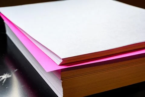 Selective focus on a single colored sheet in a stack of plain white paper Stock Photos