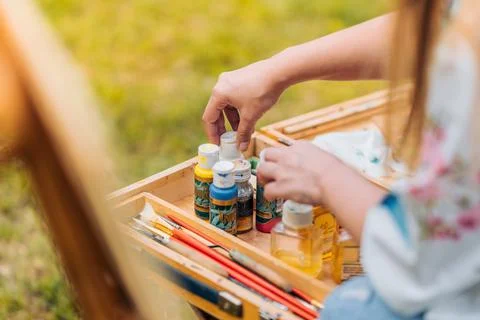Selective focus on small pain pots in a table outdoors Stock Photos
