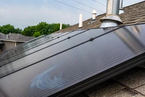 Selective focus on solar panels installed on a residential asphalt shingle roof Stock Photos