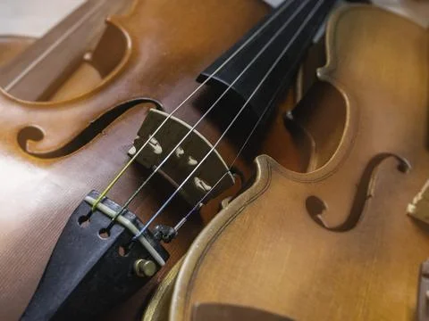 In selective focus of Strings and wooden Bridge of violin,show part of acou.. Stockfoto's