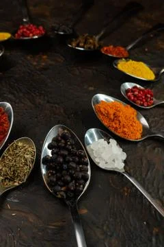 Selective focus, tablespoons and teaspoons with spices Stock Photos