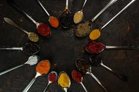 Selective focus, tablespoons and teaspoons with spices Stock Photos