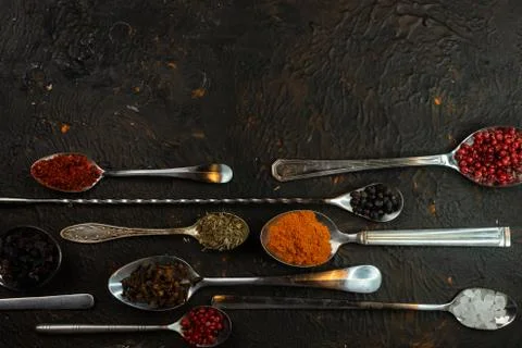 Selective focus, tablespoons and teaspoons with spices Stock Photos