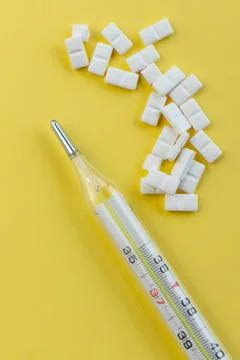 Selective focus, temperature thermometer with tablets Stock Photos