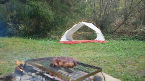 Selective focus of tent in spring forest and juicy raw beef steak on campfire Stock Footage 271627843