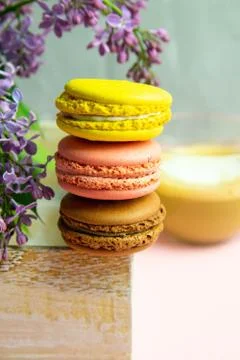 Selective focus three pink macaroons and a lilac branch Stock Photos
